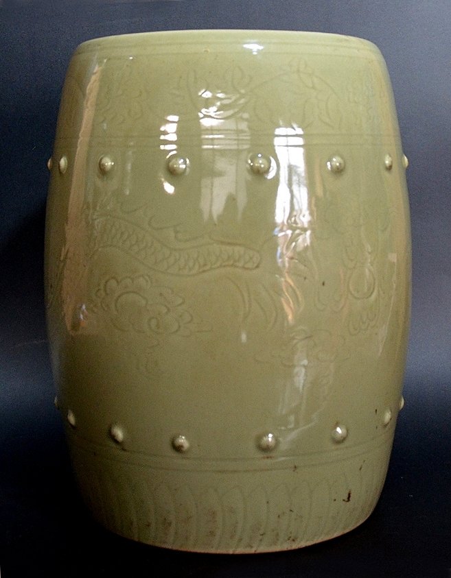 Green Glazed Porcelain Stool: Round porcelain garden stool, 19c. 17 1/2" tall. Shipping: We are able to pack and ship this item to an address in the United States for $55.00 via USPS Priority Mail or via FedEx Ground/Home Delivery