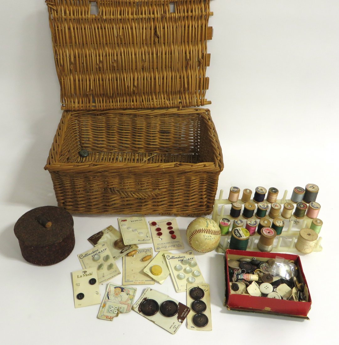 Sewing Basket With Accouterments: Wicker woven, 7" x 15" x 11". Shipping: We are able to pack and ship this item to an address in the United States for $50.00 via USPS Priority Mail or via FedEx Ground/Home Delivery. Tracking informat