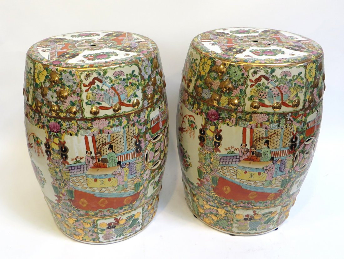 Pair Famille Rose Garden Stools: Contemporary Chinese, bidding on the pair. 18" in height. Shipping: We are unable to ship this item. Please contact our local UPS Store, store1152@theupsstore.com, or the Packaging Store, hello@packan