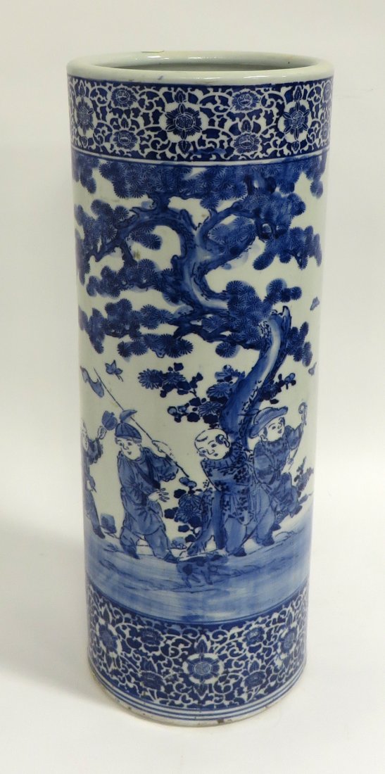 Umbrella Stand: In Chinese style porcelain with blue and white glaze, 24" X 9". Shipping: We are unable to ship this item. Please contact our local UPS Store, store1152@theupsstore.com, or the Packaging Store, hello@