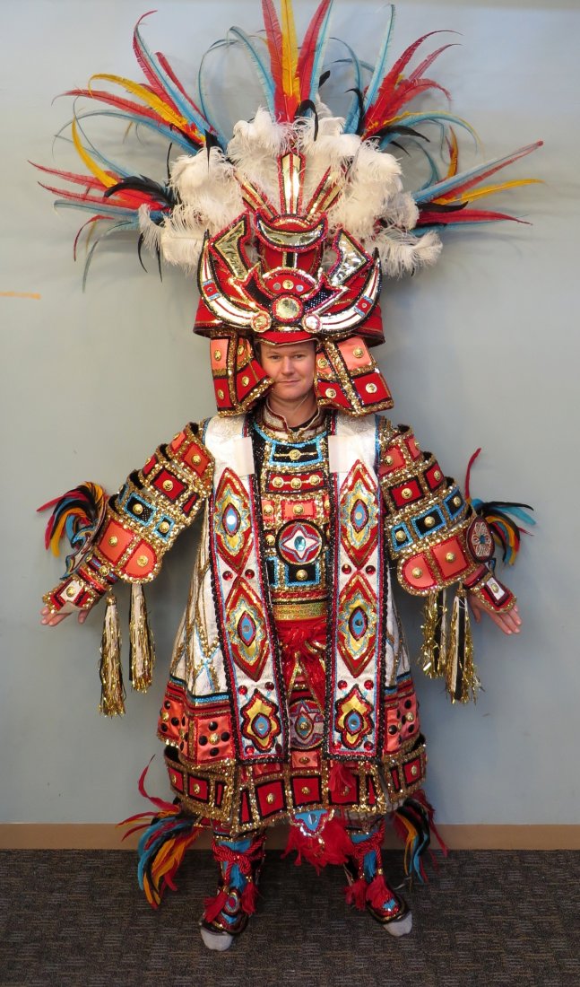 Philadelphia Mummers Costume: The complete outfit includes anklets, trousers, skirt, shirt, waistcoat, jacket, cuffs and headress. labeled: Fabri-Cations; Costuming by David Moscinski (2001 Fancy Brigades Hall of Fame); 1632-40 S.