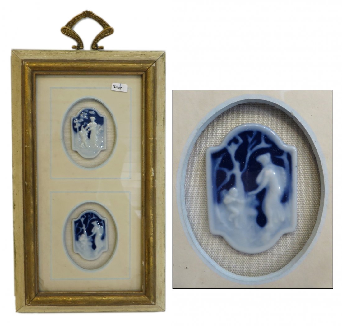 Framed Limoges Cameos: fame 12" x 7", with shadow box framed blue and white plaques. Shipping: We are able to pack and ship this item to an address in the United States for $40.00 via USPS Priority Mail or via FedEx Ground/