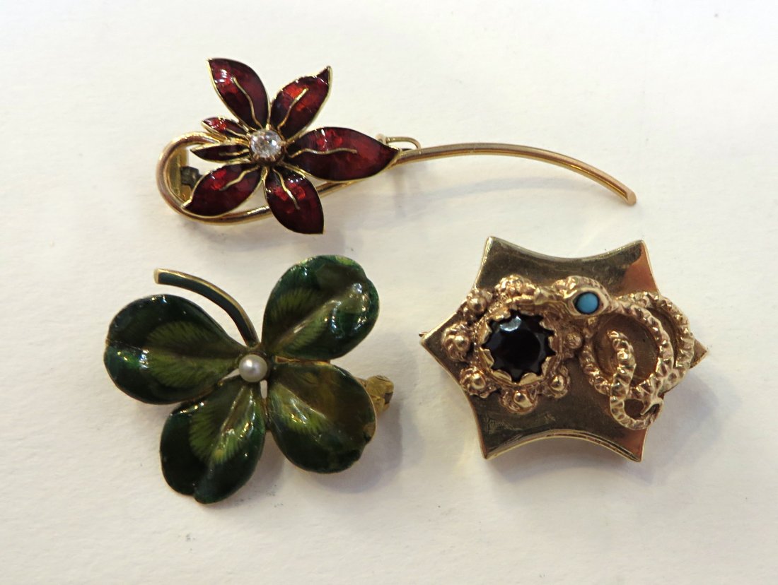 Three Ladies Pins: One, an enamel and 14K gold shamrock; another not marked but a poinsettia with a central diamond and a converted watch chain clip with stone mountings. Highest bid wins all three Shipping: We are able