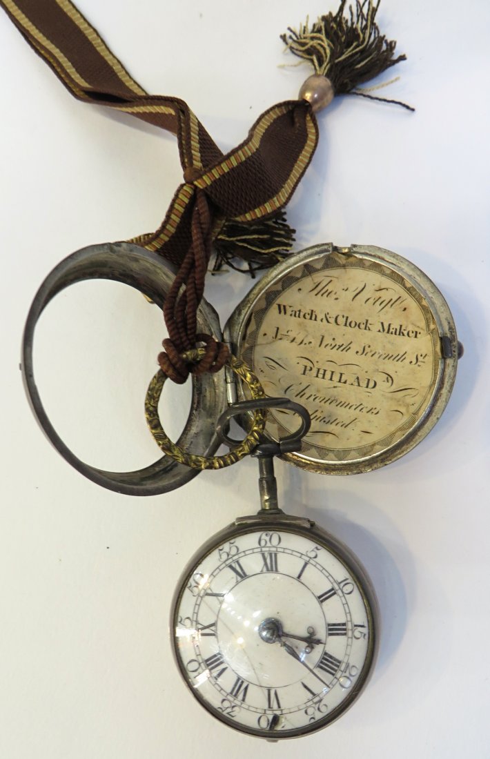 18th C. Pocket Watch: A 18th century pocket watch of English origin, signed William Howard, London, within a sterling pair case, about 50mm across. Beetle and poker hands and a classic formed porcelain dial (with one diago
