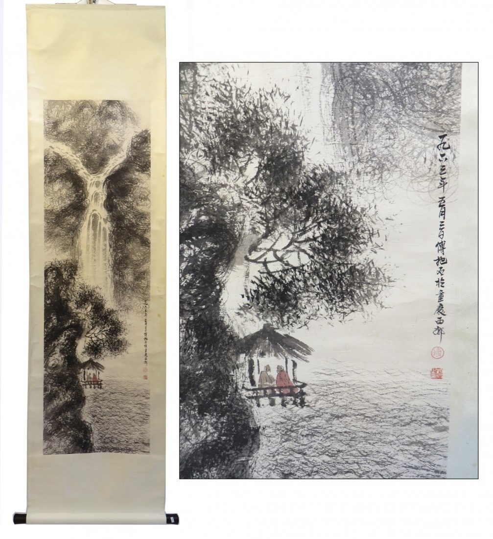 Fine Landscape Scroll Attr. Fu Baoshi: A 76" long scroll with an image size of 52" X 17". Shipping: We are able to pack and ship this item to an address in the United States for $25.00 via USPS Priority Mail. Tracking information will be s