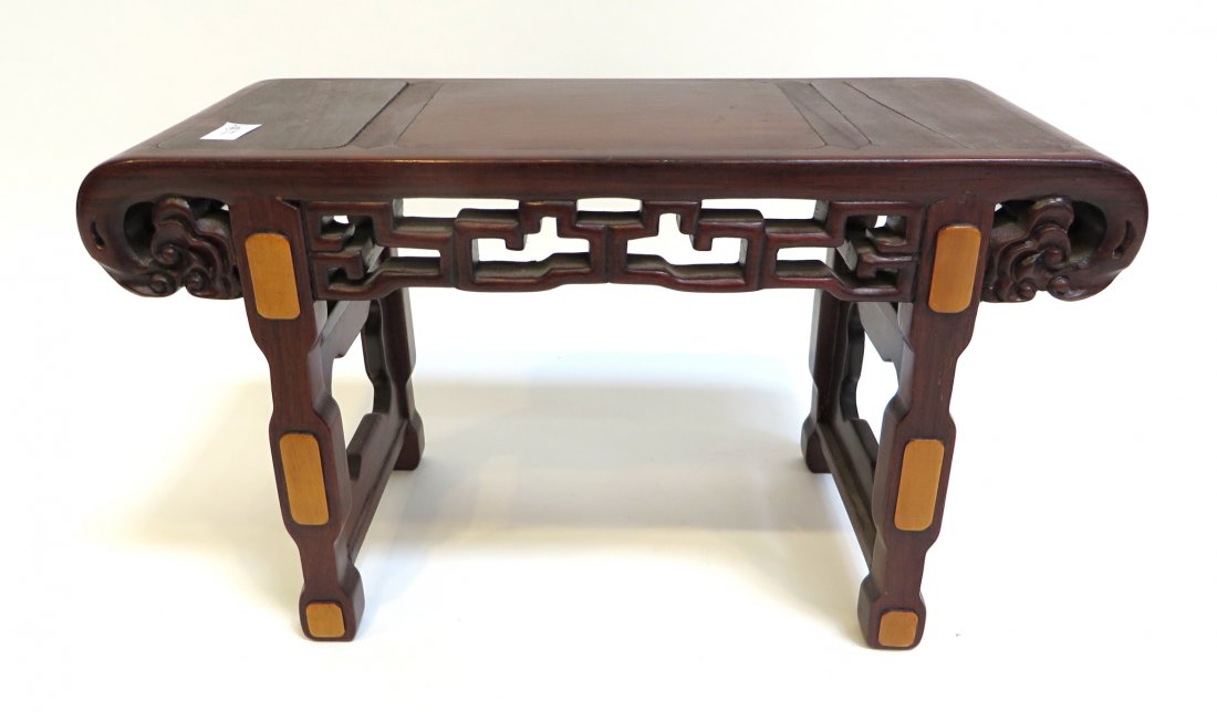 Miniature Huanghuali Alter Table: A finely made and inlayed miniature alter table, 10 1/2" x 6" using various select rosewoods etc. Probably made as a stand for display. Shipping: We are able to pack and ship this item to an address i