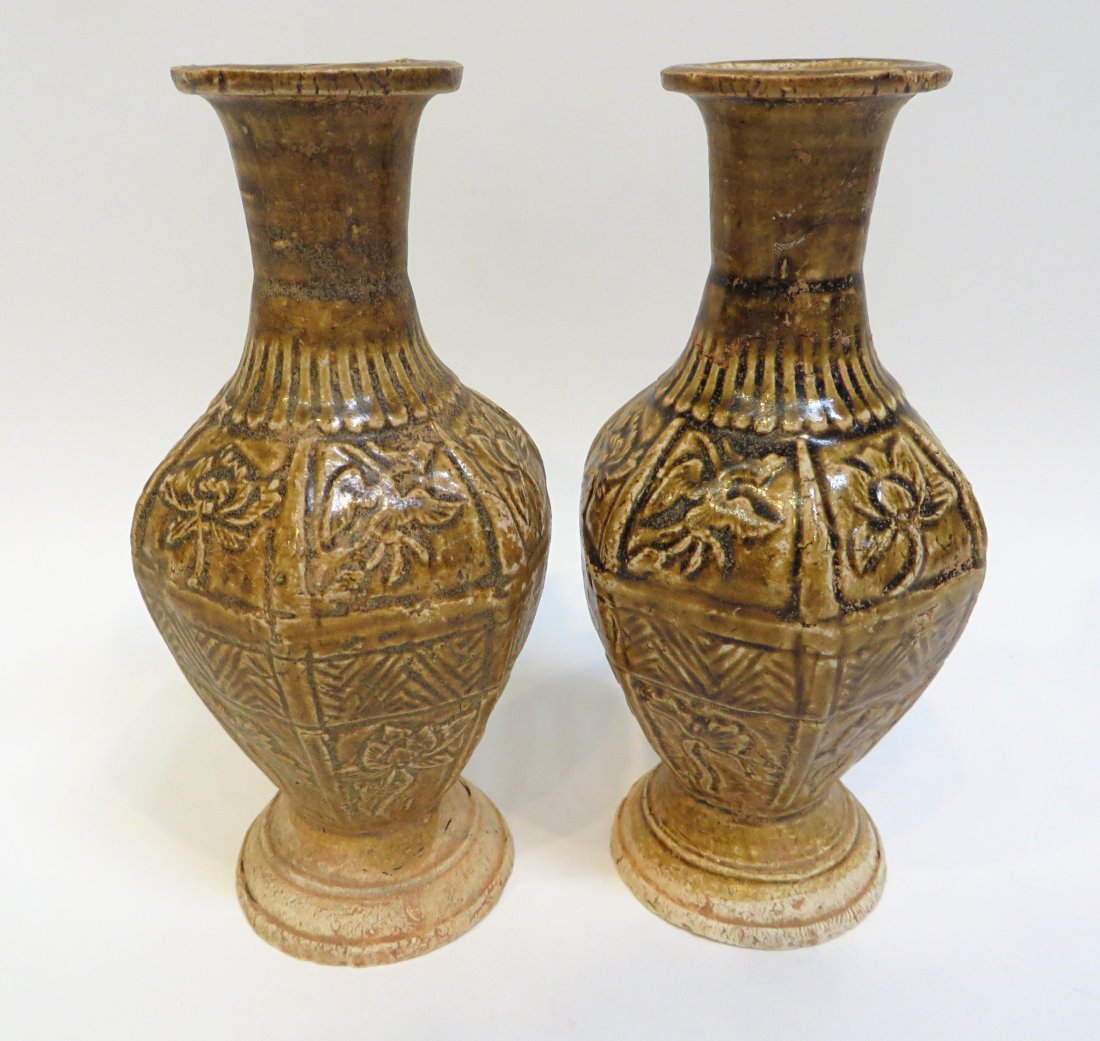 Pair Brown Glaze Vases: 7" garniture set in red ceramic with tan/brown colored glaze Shipping: We are able to pack and ship this item to an address in the United States for $50.00 via USPS Priority Mail or via FedEx Ground/H