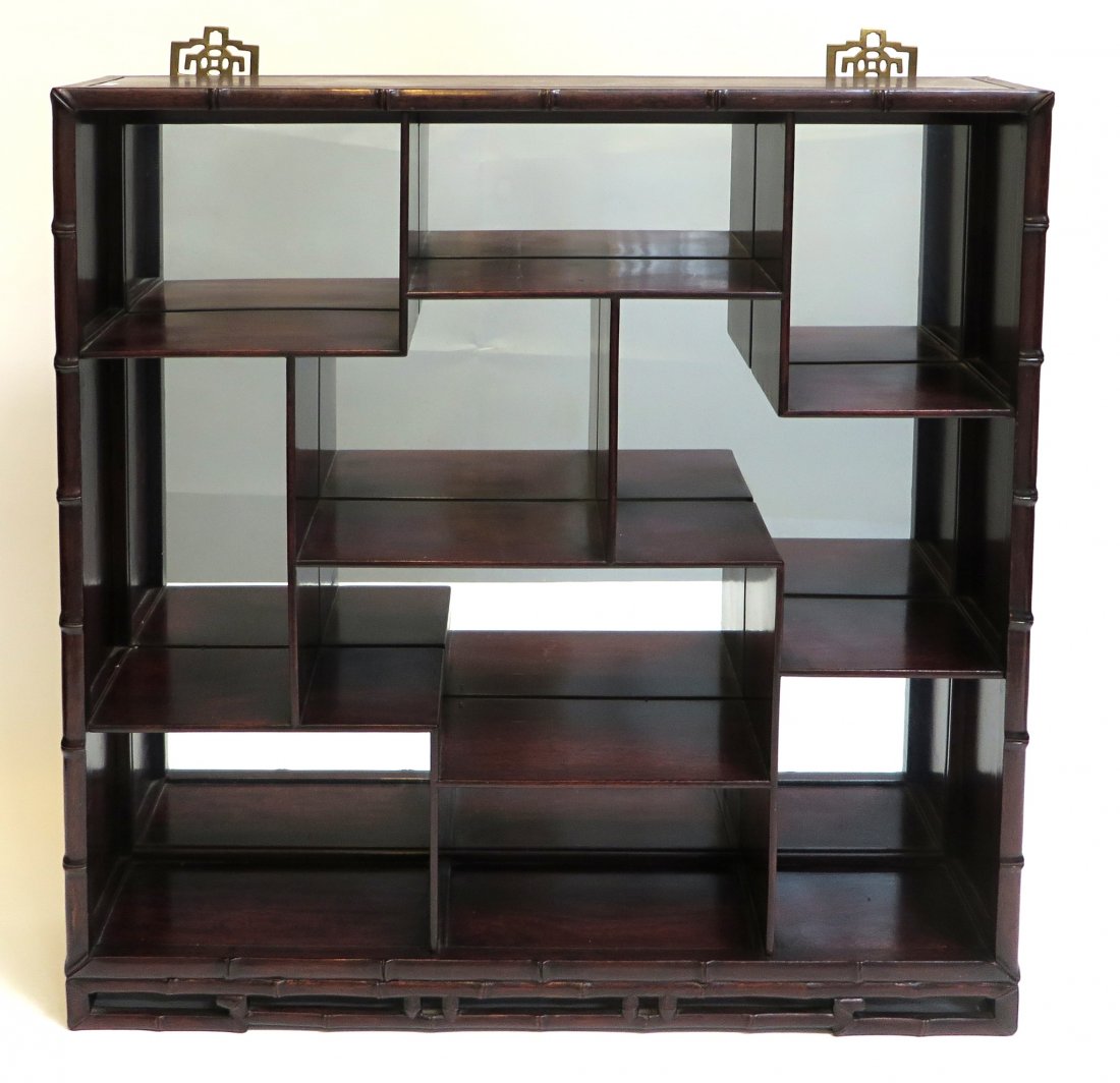 Fine Rosewood Display Shelf: An especially well made hand made solid rosewood mirror backed display shelf with bamboo motif molded edges and hand peg joined back, 26" X24 1/2" x 5 1/2" Shipping: We are unable to ship this item. P