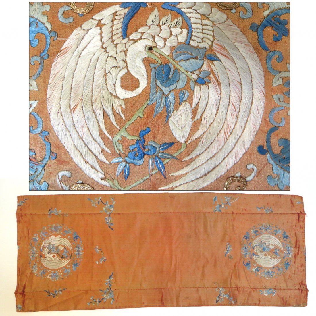 Embroidered Qing Kesi Silk Table Runner: Of Chinese origin, 44" x 17 1/4", with fine embroidery but with wear consistent with its antique age and usage. Shipping: We are able to pack and ship this item to an address in the United States for