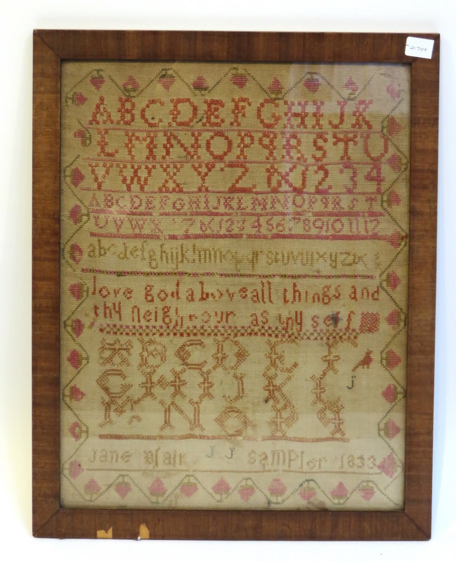 19th Century Sampler: Signed by Jane Blair, dated 1833, not removed from the 16" X 13" frame. Shipping: We are able to pack and ship this item to an address in the United States for $50.00 via USPS Priority Mail or via Fed