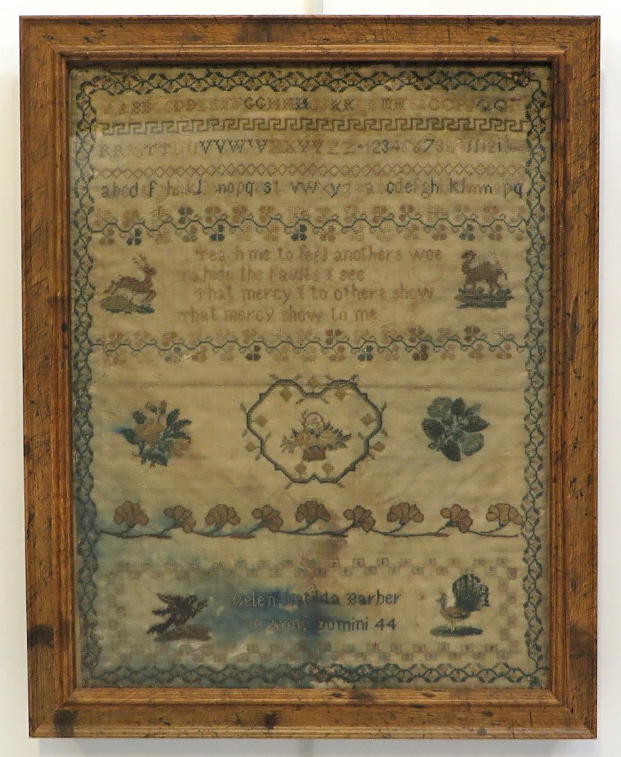 19th C Sampler Helen M. Barber: Recently framed a sampler on linen , 18" X14 1/4", with the maker as Helen Matilda Barber, dated 1844. This has condition issues: besides the stain seen in the photo, there are also minor scattered we