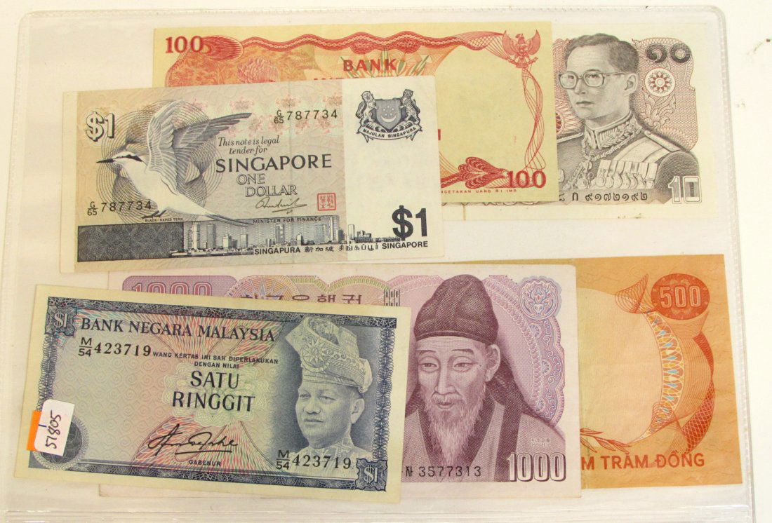 6 Asian Currency Notes: Malaysia, Korea, Vietnam, Singapore, Indonesia, Thailand Shipping: We are able to pack and ship this item to an address in the United States for $15.00 via USPS Priority Mail. Tracking information wil