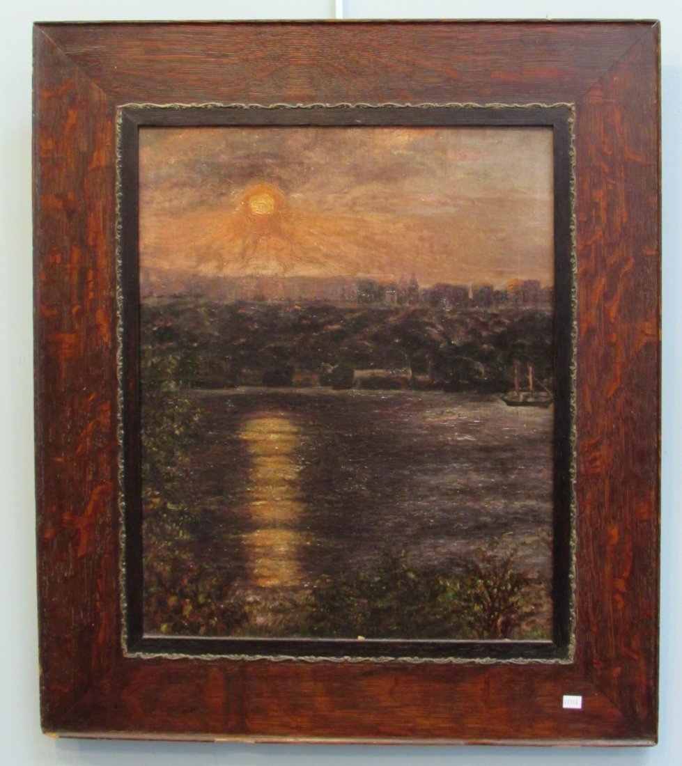 Sunset Landscape: Sight 19 1/2" X 15 1/2". In a quartered oak frame, 27 1/2" X 23 1/2" Shipping: We are unable to ship this item. Please contact a third party shipper for a quote. Please be sure and include your shippi