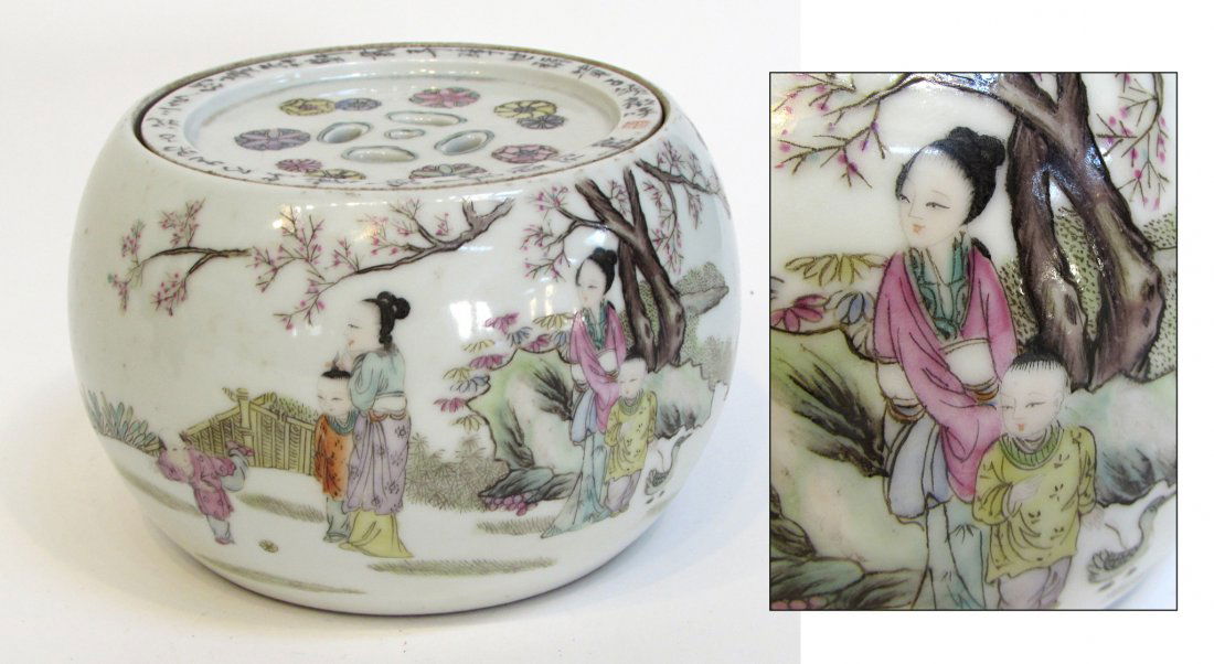 Chinese Porcelain Lidded Container: Possibly a censer or potpourri with a pierced lid and all over decorated with multi colored glazes and calligraphy. Republic era stamoing on bottom. 6 1/4". Shipping: We are able to pack and ship this