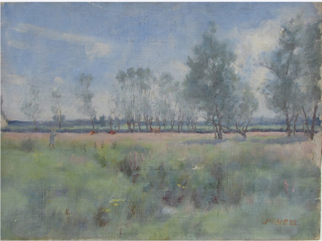 James Ness (British, 1868-1945) Landscape: Oil on board, not framed, in the impressionist style, "Near Caudebec en Cant, Normandy". In overall good condition and clearly signed, lower right. as well as the attached label and verso signatures.