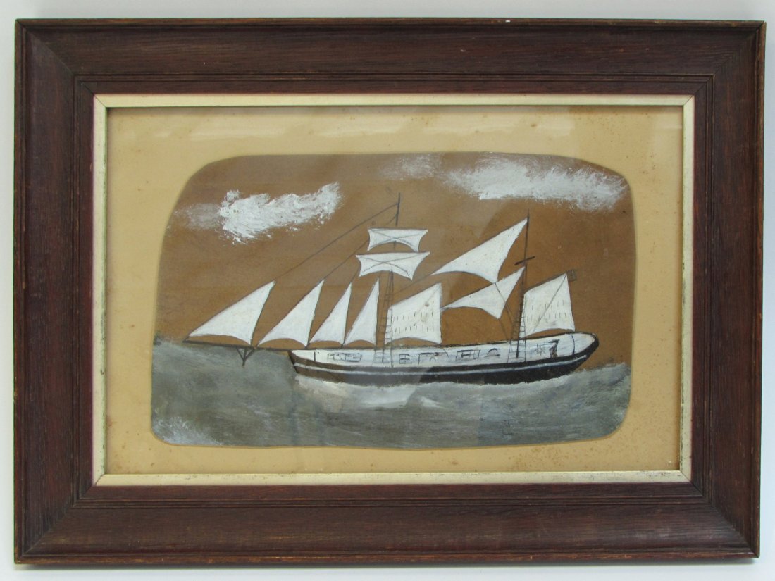 Max Wildman Marine Painting: Seascape of a 19th century square rigged sailboat, in the folk art style, whose original frame, in antique style, is 13" X 19". In the British folk art tradition, Max Wildman (British, B. 1945), takes