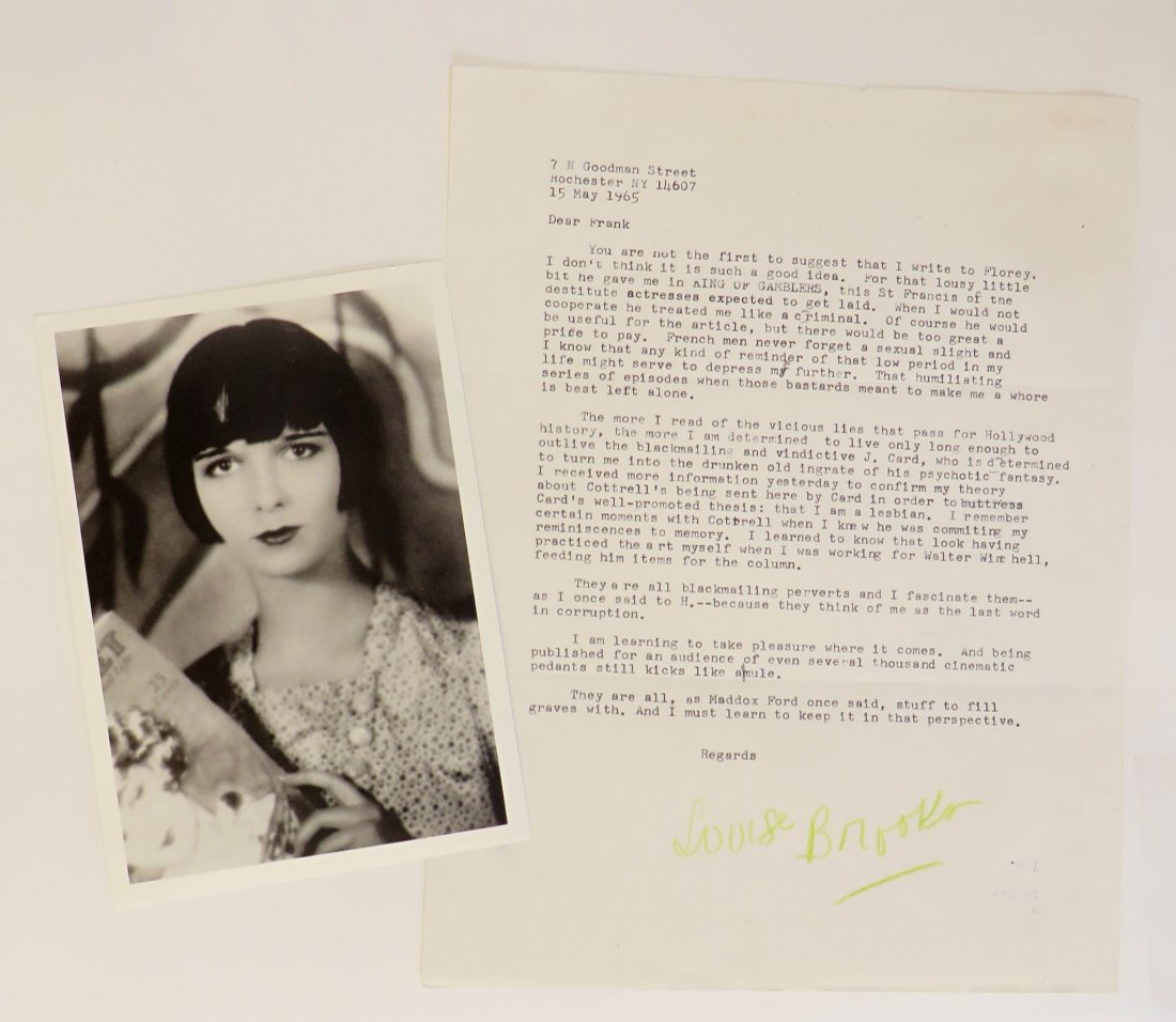Amusing Letter From Silent Screen Actress Louise Brooks: This five paragraph typed letter, signed in green crayon "Louise Brooks" where she writes "Frank" in 1965 about some old Hollywood gossip is worth a read. Brooks was an actress and dancer famous for h