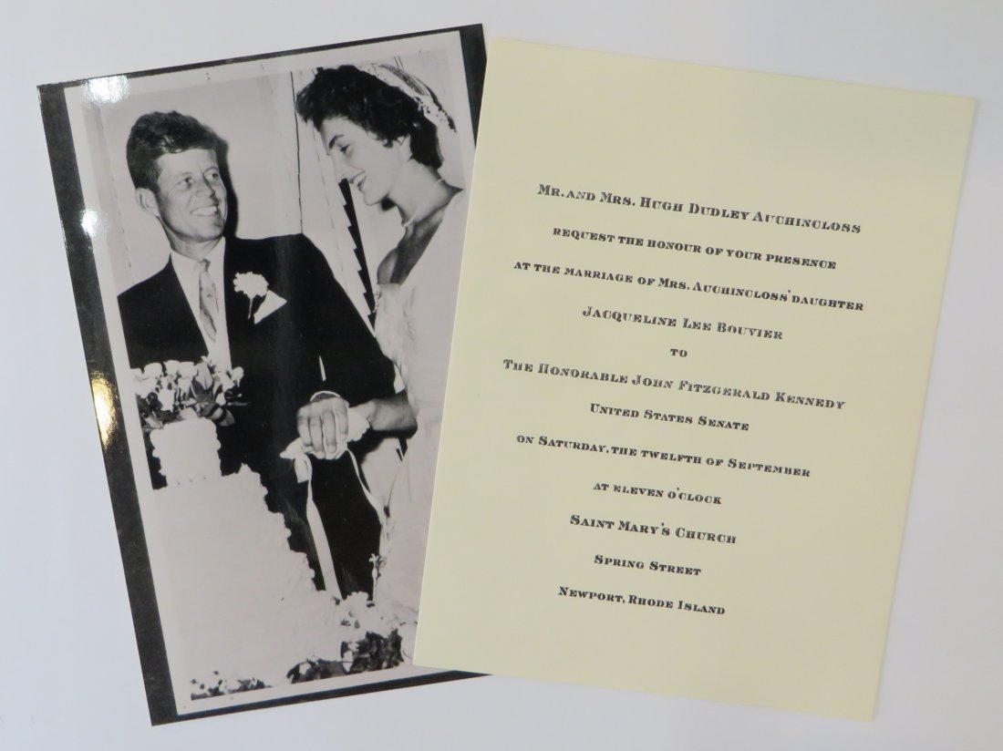 John F. Kennedy Wedding Invitation: A engraved invitation from Mr & Mrs. Hugh Dudley Auchincloss to the September 12th wedding of Jacqueline Lee Bouvier and Sen John F. Kennedy. Shipping: We are able to pack and ship this item to an add