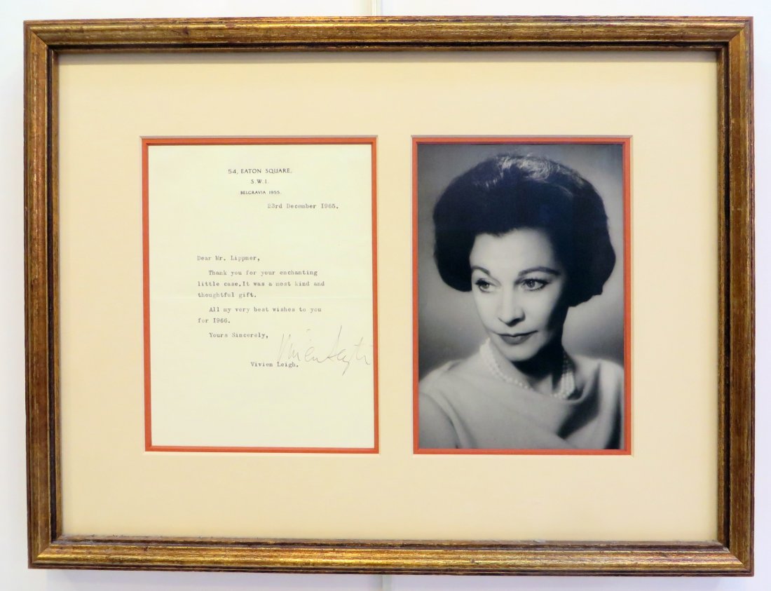 Autograph Of Vivian Leigh: An autographed letter sent from London in 1966 thanking a "Mr Lippner" for his kind gift. This in a matted frame along with a photo of the actress, 12 1/2" X 16 1/2". Shipping: We are able to pack and