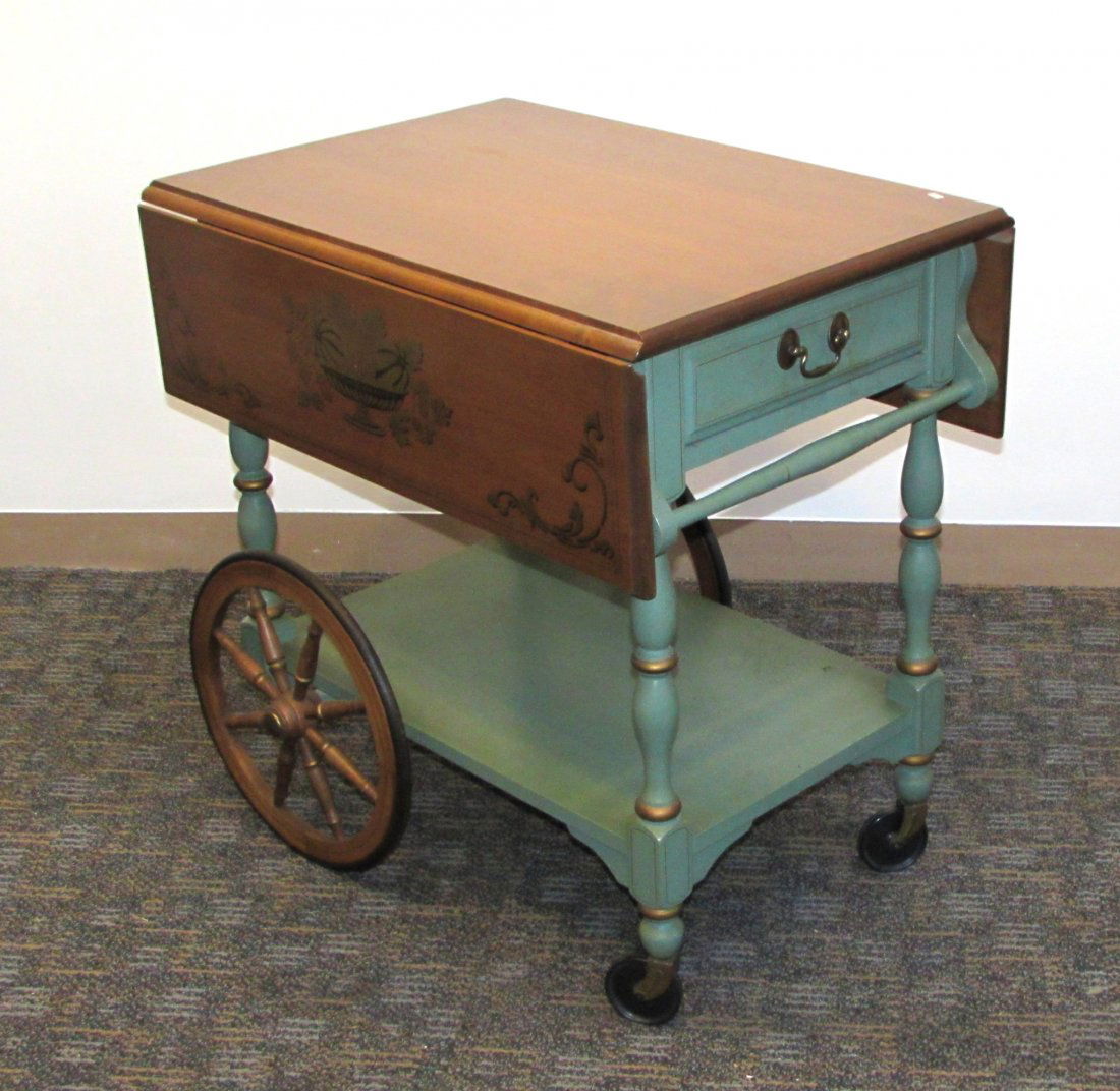 Heywood Wakefield Stenciled Drop Leaf Tea Cart: Tea Cart by Heywood Wakefield. Dimensions: 28 x 20 x 29 with leaves down; leaves add 8.5 each Shipping: We are unable to ship this item. Please contact a third party shipper for a quote. Please be sur