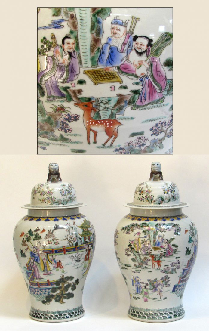 Kangxi Style Lidded Jars: A pair, in wucai with detailed figurative scenes including Verte, each 24" in height and with marked bottoms. Shipping: We are unable to ship this item. Please contact a third party shipper for a quot