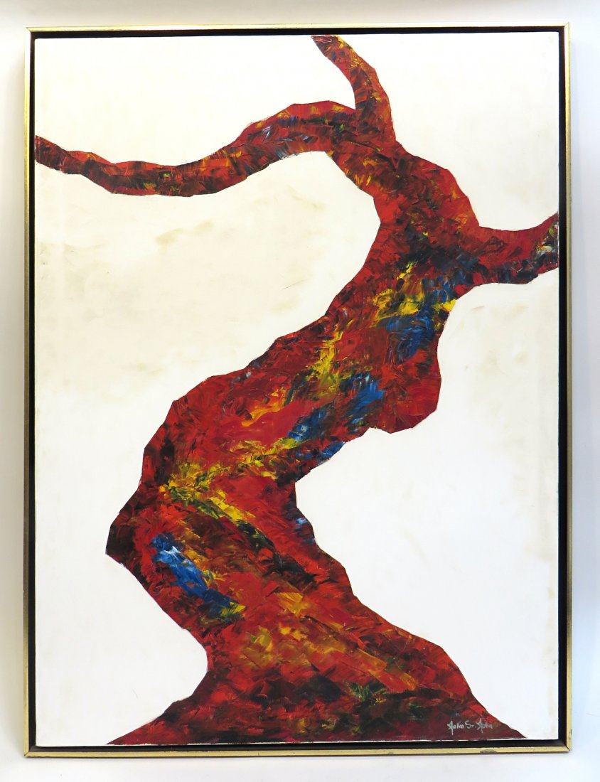John St John (American, 1911-1986): Described by contemporary critics as an "undiscovered artist", this original oil, signed lower right is identified in his book "Visions of Reality" as "Red Tree". The book comes with the lot. The fram