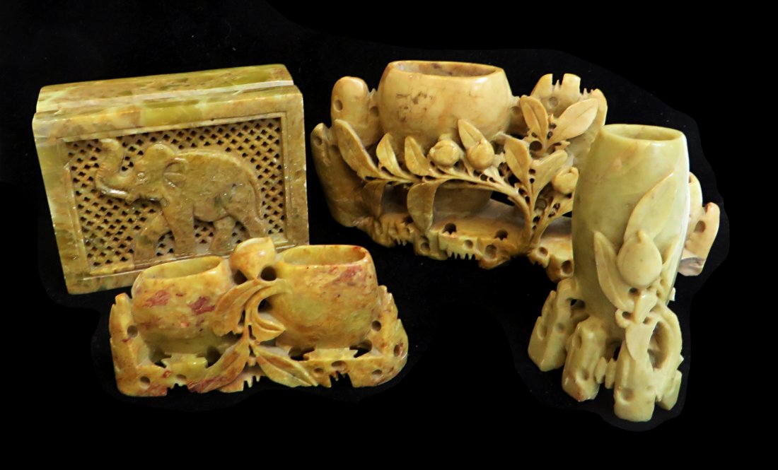 Four Soapstone Items: Four soapstone items. One with repairs. Shipping: We are able to pack and ship this item to an address in the United States for $40.00 via USPS Priority Mail or via FedEx Ground/Home Delivery. Trackin