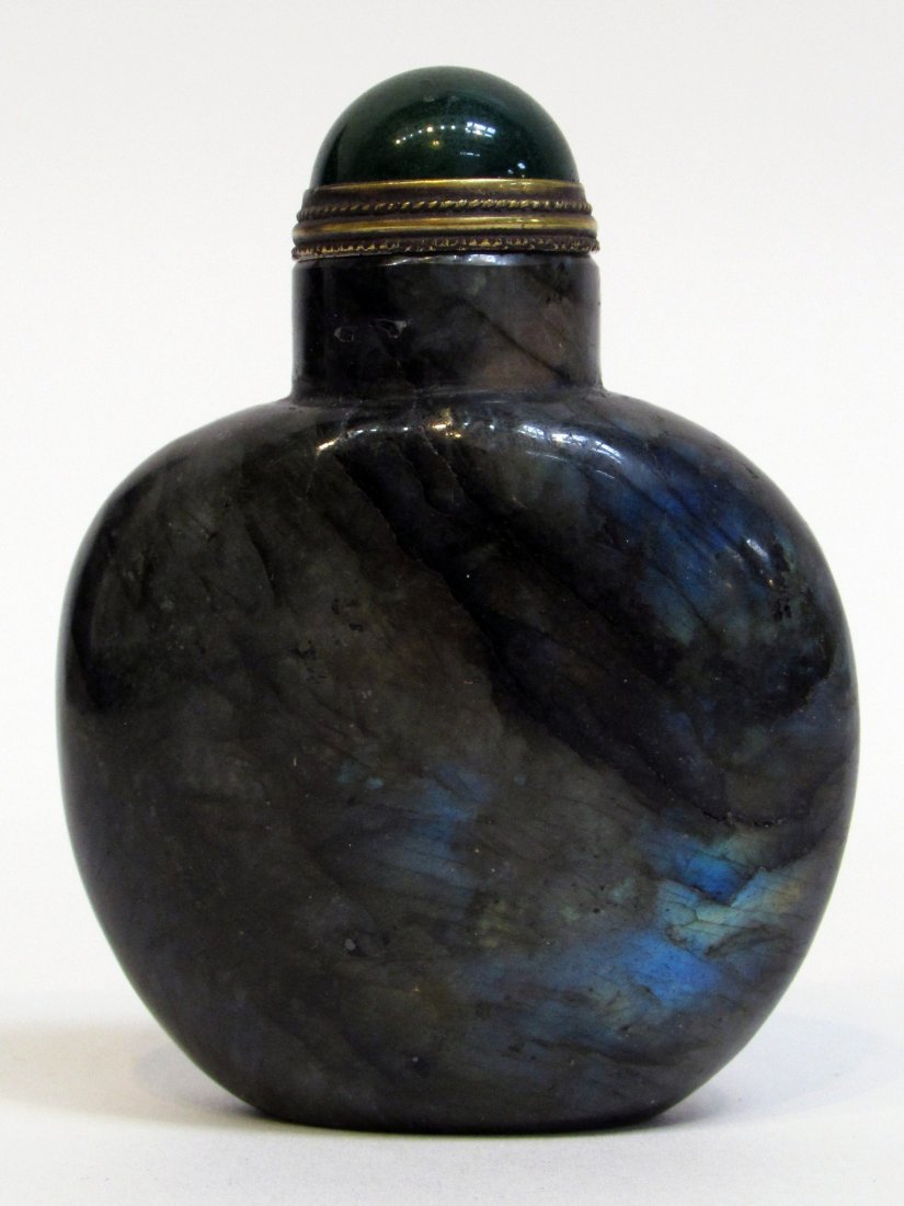 Fine Chinese Iridescent Green Labradorite Snuff Bottle: Green jade stopper. 2 7/8" Shipping: We are able to pack and ship this item to an address in the United States for $15.00 via USPS Priority Mail. Tracking information will be sent to your email addres