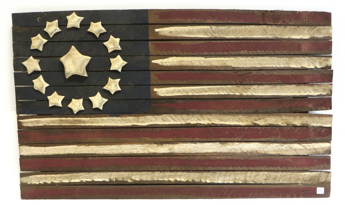 Folk Art Painted "American Flag": Painted in tempera or watercolor onto an old slatted box side. 32" x 19' Shipping: We are unable to ship this item. Please contact a third party shipper for a quote. Please be sure and include your sh