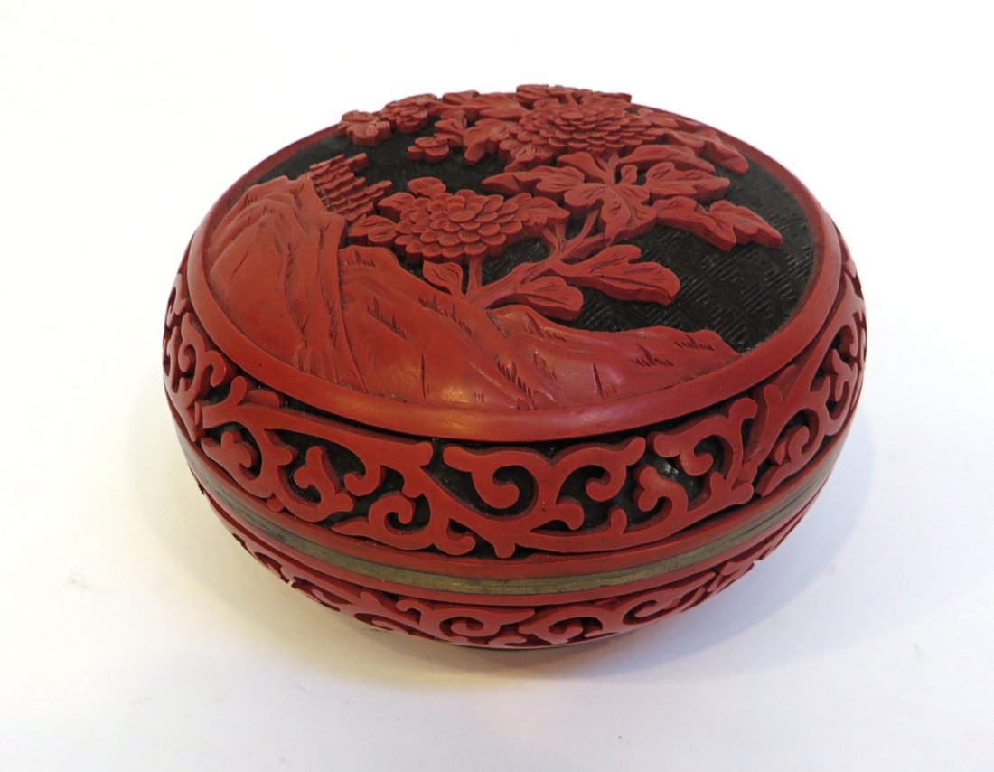 Red Cinnabar Lidded Container: 20th Century, a 2 1/2" X 4" enamel on brass and cinnabar lacquer decorated container with a blue enamel interior. In especially "like new" condition. Shipping: We are able to pack and ship this item t