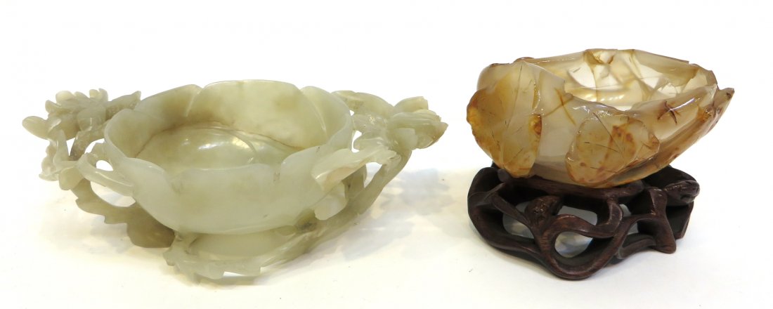 Hardstone Brushwashers: One with chipping at the edge and mounted onto a carved wood stand; the other in soapstone, 5" across. Biggest 5" wide. Shipping: We are able to pack and ship this item to an address in the United Sta