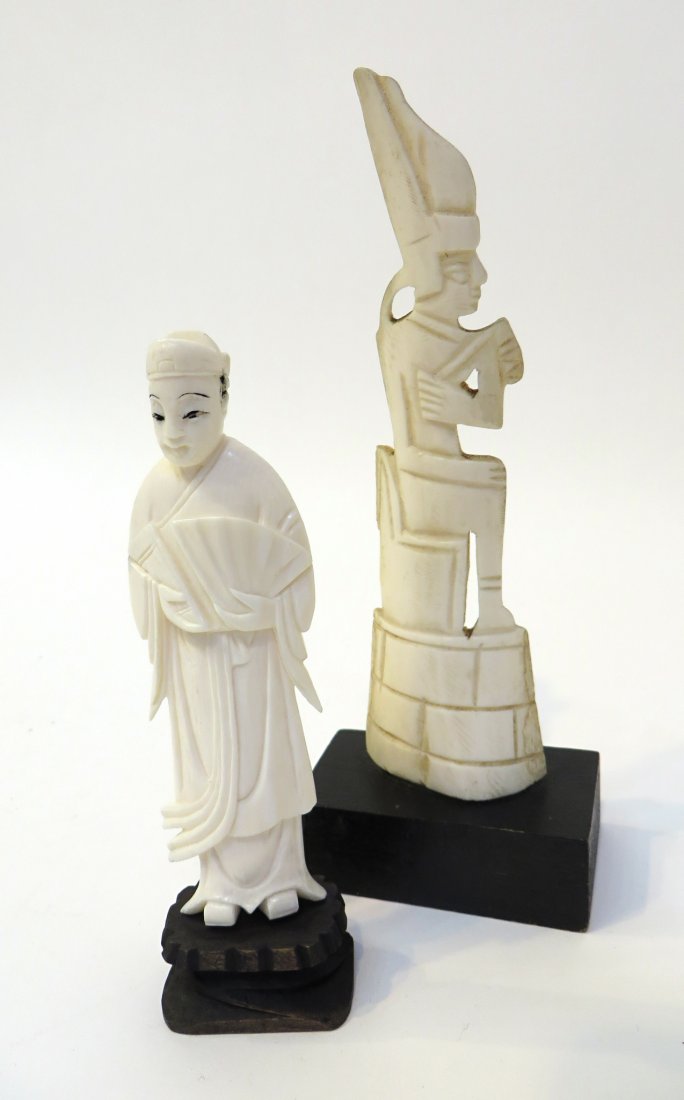 Antique Ivory And Bone Figures: The tallest, in bone, with Egyptian influence is 6 1/2". Both with stands. Shipping: We are able to pack and ship this item to an address in the United States for $25.00 via USPS Priority Mail. Tracki
