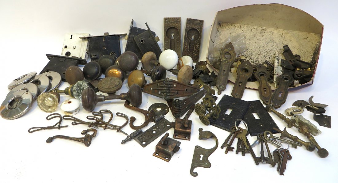 Assorted Door Parts, Keys And Hardware: Knobs, locks, keys, tumblers, etc. A very nice and varied assortment, with most coming from the Victorian Era or the turn of the century. Some glass knobs. Shipping: We are able to pack and ship this 