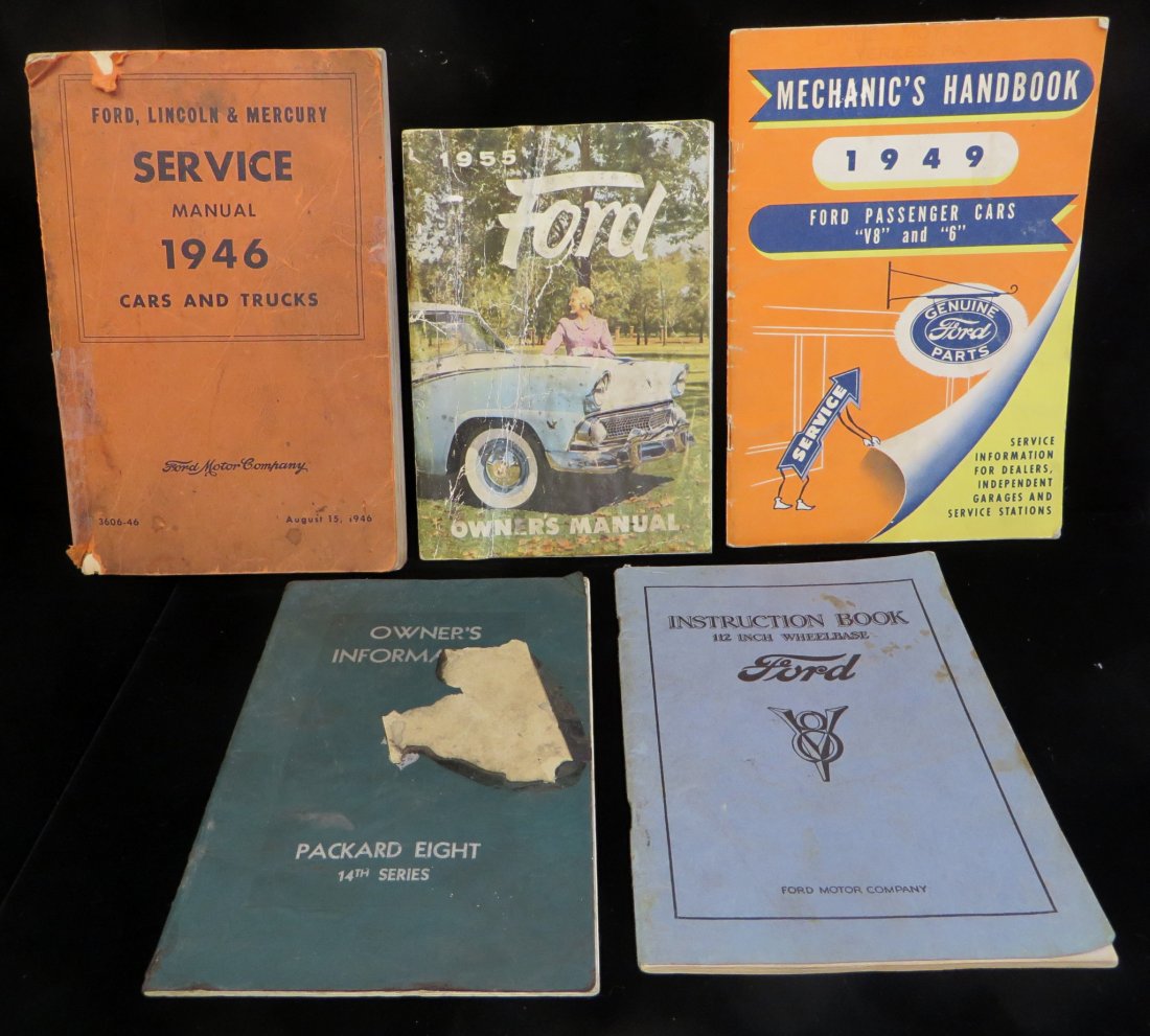 Five Old Car Manuals: Five old automotive owner's manuals and instruction books from the 1930's, 1940's and 1950's. Quite a collection, all items easily found on the internet. 1: A Ford Moter Company Instruction Book for t