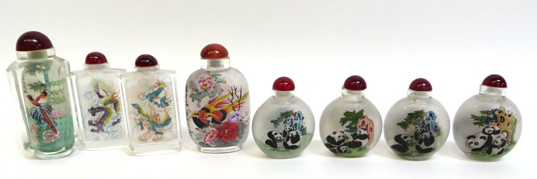 8 Reverse Painted Snuff, Boxed Snuffs: All in reverse painted in clear white glass and with dark red glass tops. This together with a boxed set of four Panda theme glass snuffs Shipping: We are able to pack and ship this item to an address
