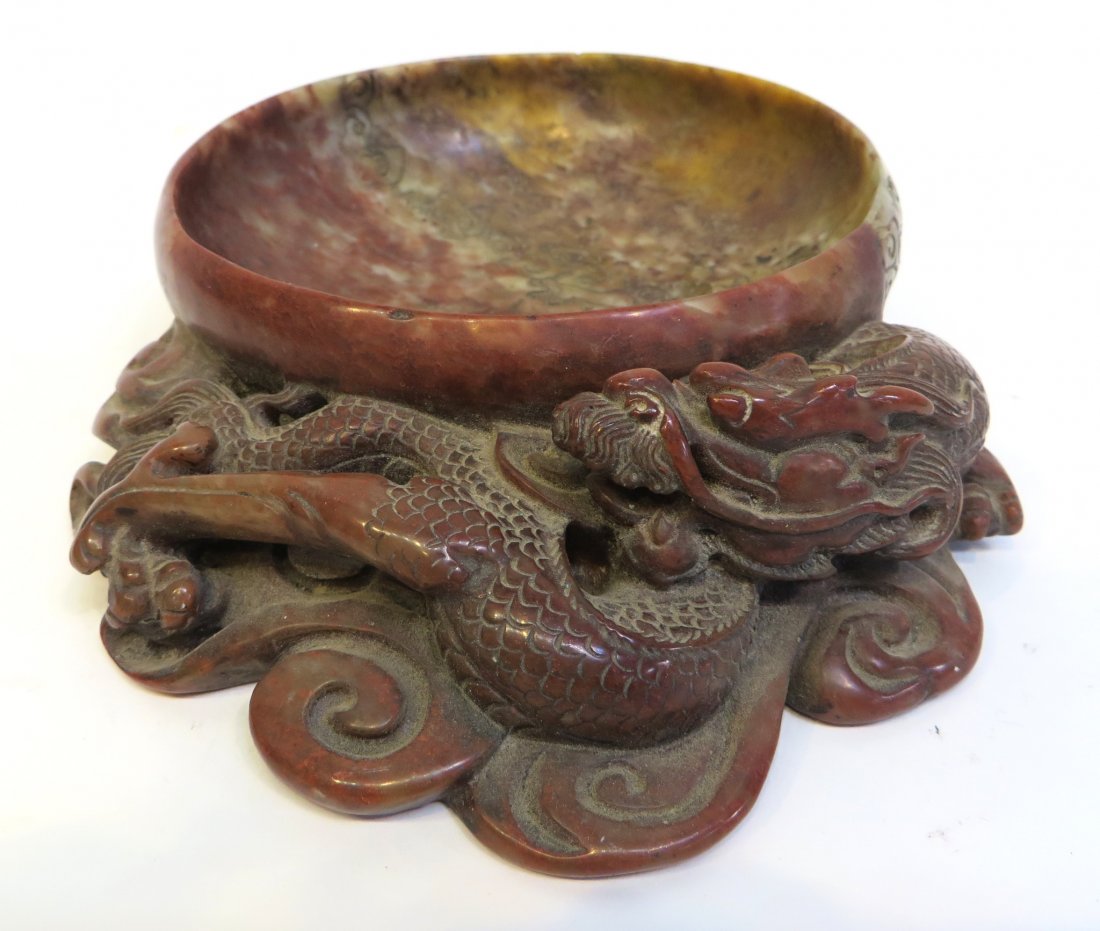 Soapstone Brush Washer: The 7" carved bowl with a dragon aside has incised pictograph suggesting the use for cigars. Calligraphy on the side. Shipping: We are able to pack and ship this item to an address in the United State