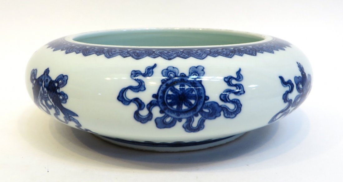 Blue & White Brush Washer: Blue & white brush washer or bowl with mark on the bottom. 10 1/2" x 3 1/2" Shipping: We are able to pack and ship this item to an address in the United States for $40.00 via USPS Priority Mail or via