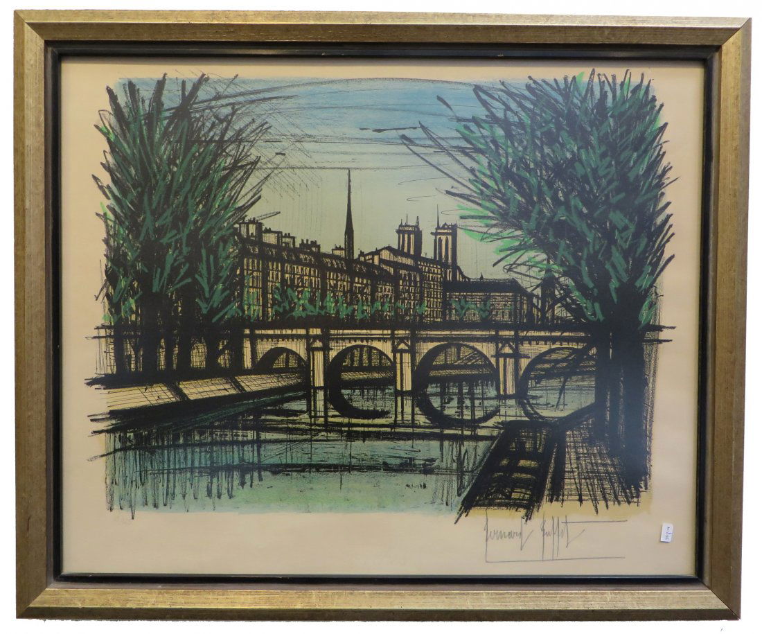 Lithograph Print By Bernard Buffett: Bernard Buffet (French, 1928-1999) color lithograph signed with a strong pencil signature, lower right; numbered, in pencil, 12/120. Measures 22" X 26 1/2" sight. Shipping: We are able to pack and shi