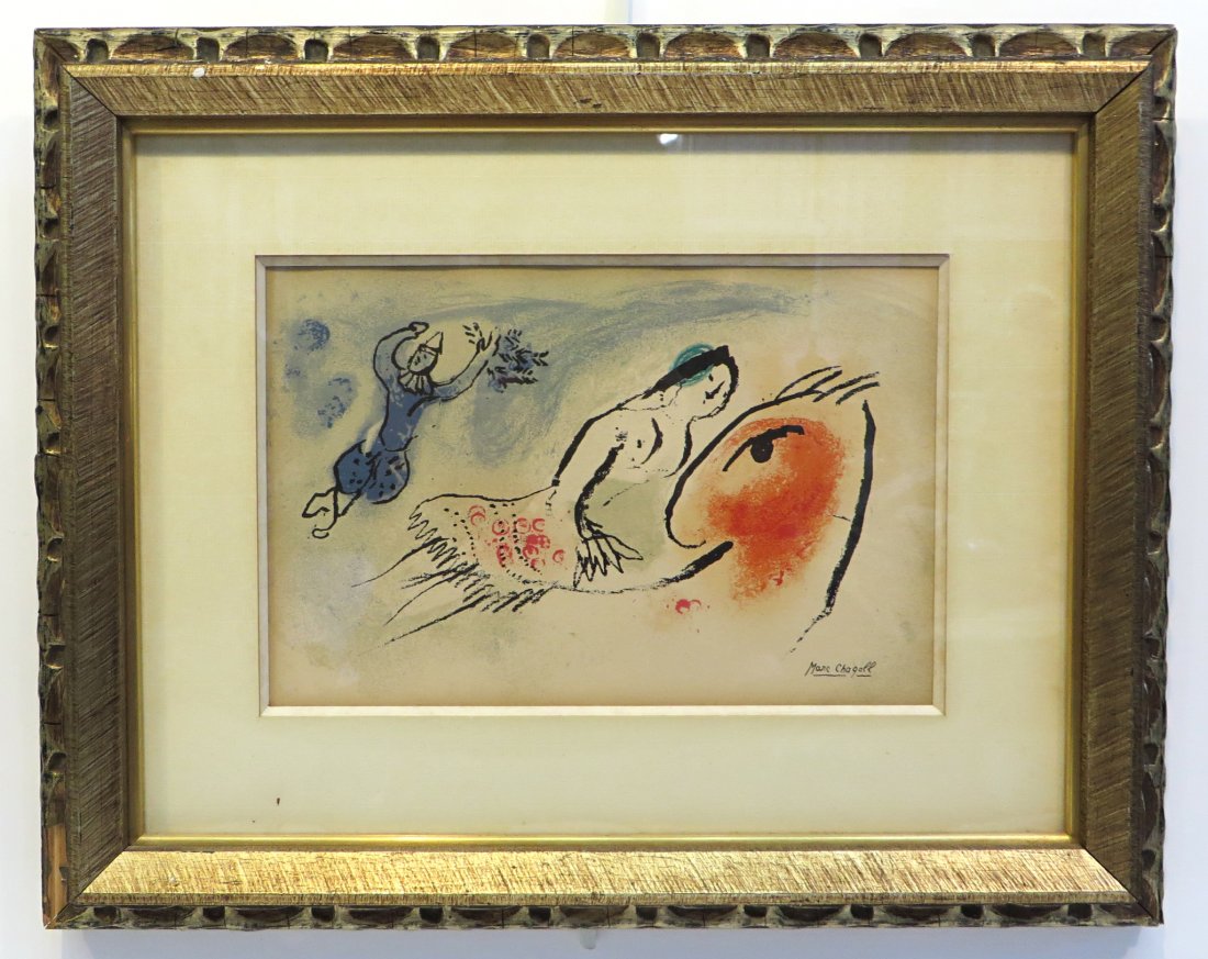 Lithograph By Marc Chagall: A lithograph from the Chagall "Clown Series", signed on the plate, lower right. The frame with minor losses in one corner. Frame 18" x 13. Site measurements: 7 1/4" X 10 1/2". Shipping: We are able to