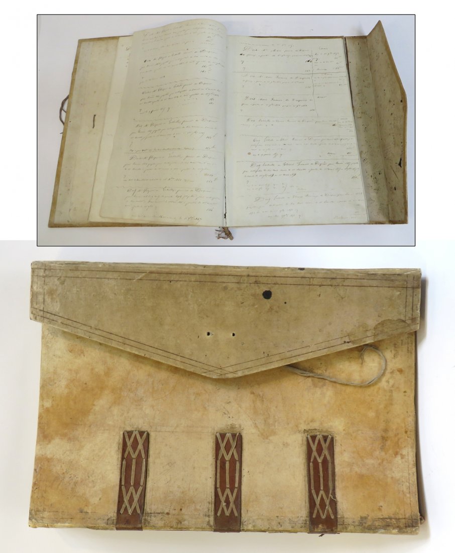 Eighteenth Century Ledger: A leather bound ledger of 122 sheets of 18th C. Holland paper watermarked D & C Blaum. The first 20 leaves filled with handwriting of accounts. Binding is badly damaged, but the pages clean. 20 1/2" X