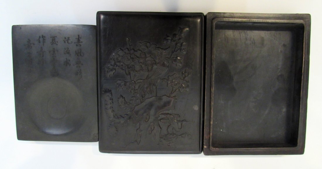 Chinese Inkstone: Within a bas relief carved rectangular lidded case, 6 1/2" X 4 3/4". Shipping: We are able to pack and ship this item to an address in the United States for $30.00 via USPS Priority Mail. Tracking inf