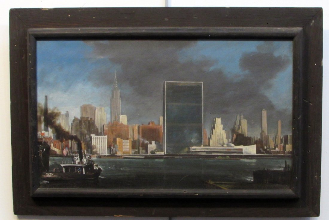 Earl Francis Hofmann (American, 1928- 1982): An oil on canvas, framed, 16" X 24". A New York City scene looking across the East River to the United Nations building. Belonged to the "Baltimore Realists School" Signed on the stretcher in pencil s