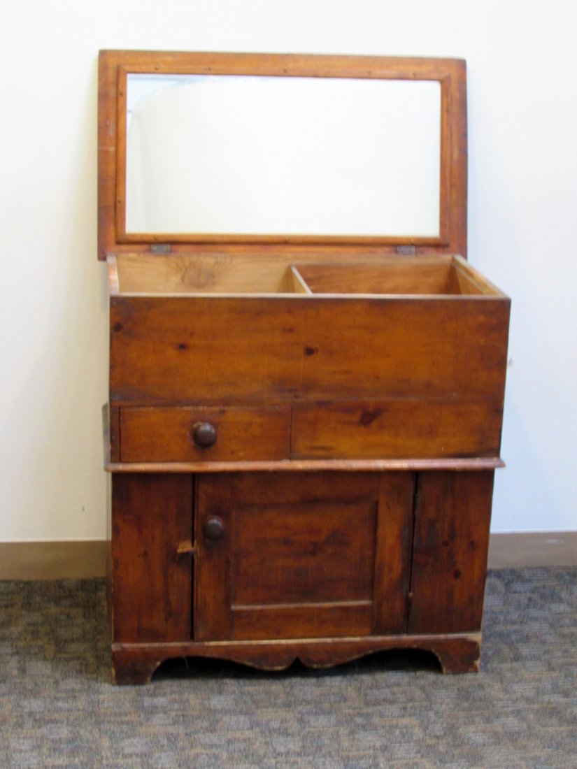 Dough Chest: An American late 19th C. pine dough chest, now converted for dry sink usage, 29" X 16 1/2" X 30 1/2" Shipping: We are unable to ship this item. Please contact a third party shipper for a quote. Please