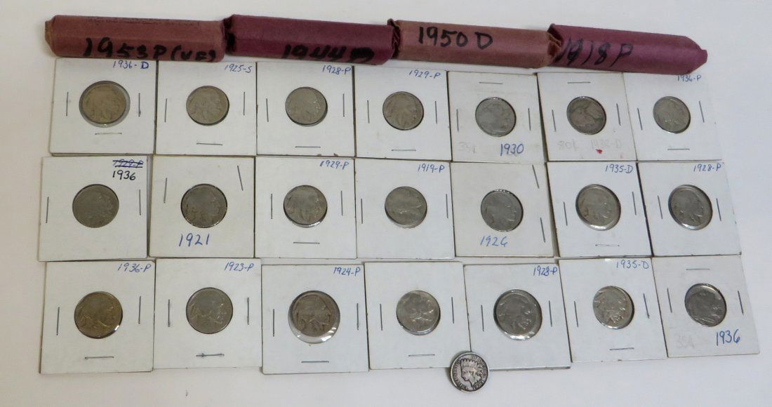 Assorted Collectable US Coins: 20 Buffalo and on Jefferson Nickels in casements, as marked. Together with four rolls of pennies, marked 1950 D, 1918 P, 1944 D, and 1953 P and an Indian head penny from 1904 Shipping: We are able to