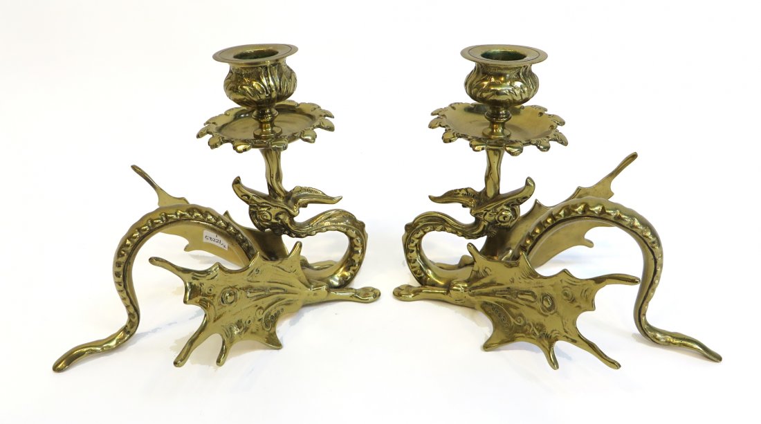 Pair Of Brass Dragon Candlesticks (1 of 3)