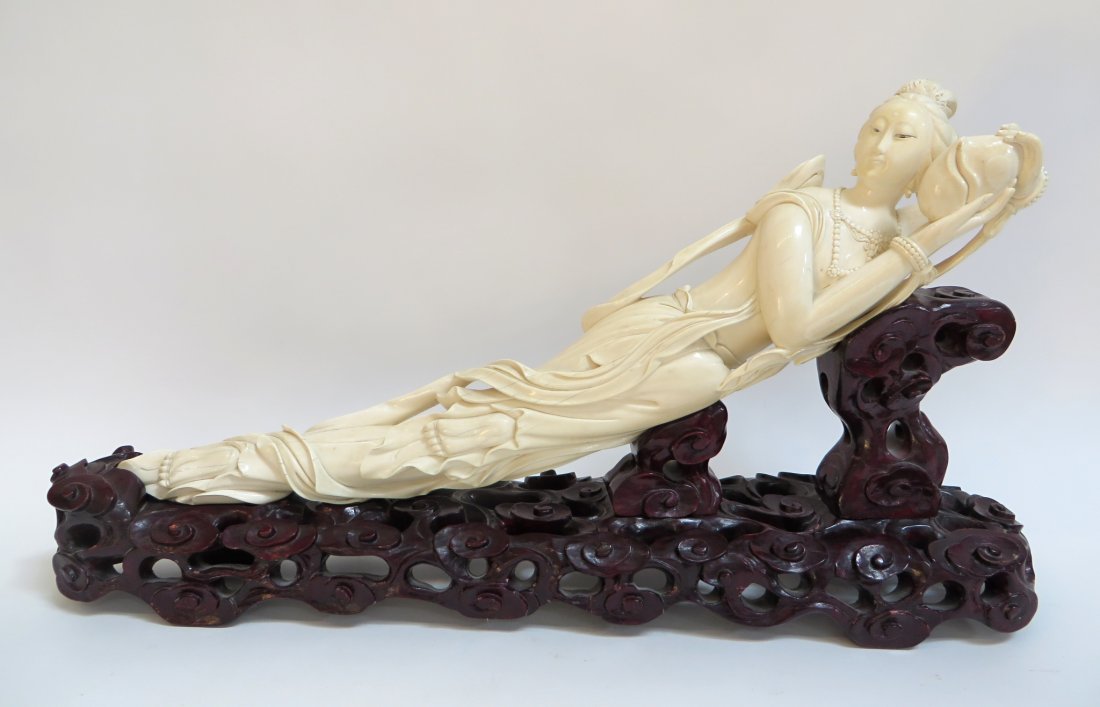 Antique Chinese Qing Carved Ivory Tusk: Antique Chinese Qing Carved Ivory Tusk: Description: With custom stand. Dimensions: Stand 29" long $3000 - $5000 Provenance: <