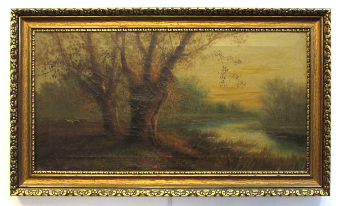 Oil On Canvas By G. Collins: Oil On Canvas By G. Collins : Description: Sunset at a river. Dimensions: 12" X 23 1/2". $150 - $200 Shipping: