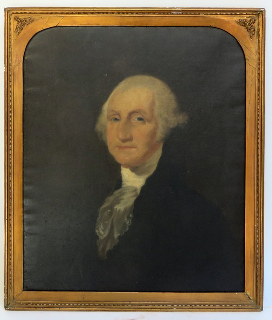 Portrait Of George Washington: Portrait Of George Washington: Description: A 19th C. oil after Gilbert Stuart and within original gilt wood mask frame, 33" X 28". In as found, but good condition considering it