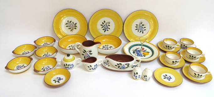 Twenty-Nine Piece Stangl Dinnerware Set: Twenty-Nine Piece Stangl Dinnerware Set: Description: Stangl Pottery Blueberry pattern dinnerware set, 29 pieces, as seen. Round serving plate, sugar bowl, creamer, salt and pepper shaker