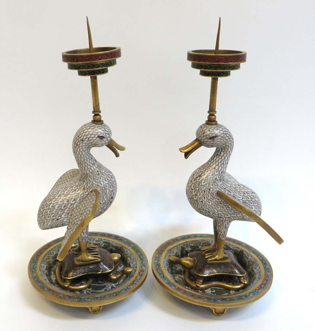 Pair 19th. Cloisonne Duck Form Candle Sticks (1 of 10)